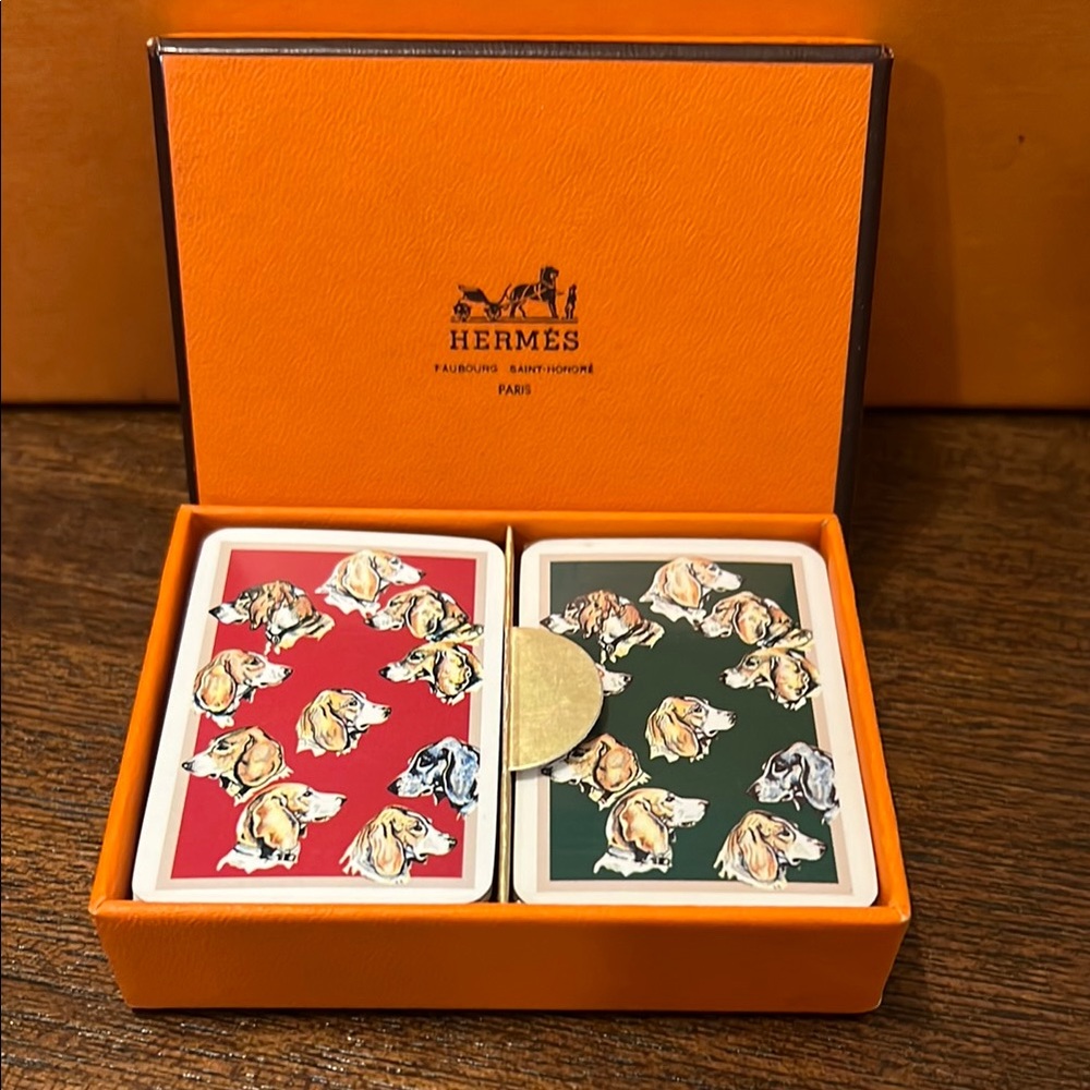Hermes Red and Green Dog Motif Playing Cards in Orange Box
